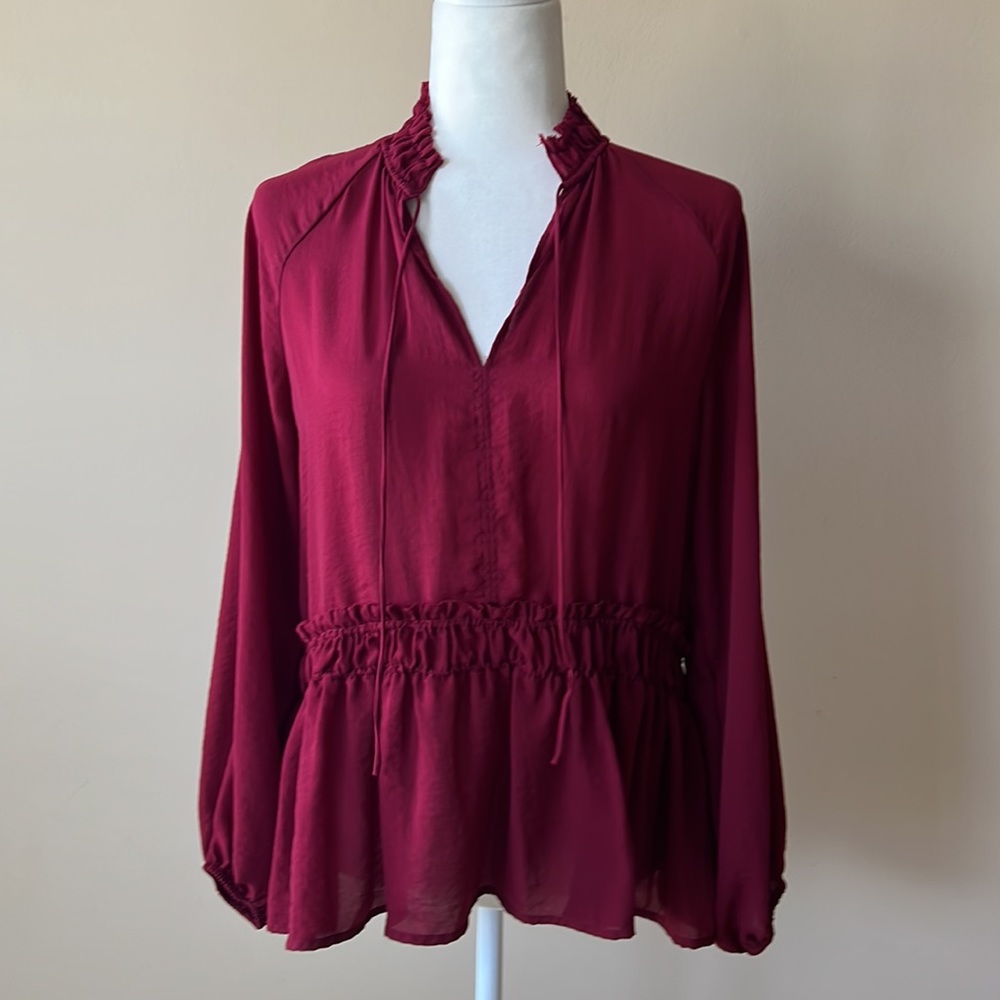 LOFT Smocked Tie Neck Flounce Top